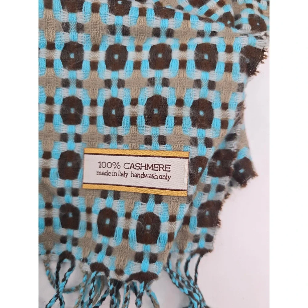 Unbranded Scarf Unisex OS Blue Brown 100% Cashmere Italy Geometric Fringe